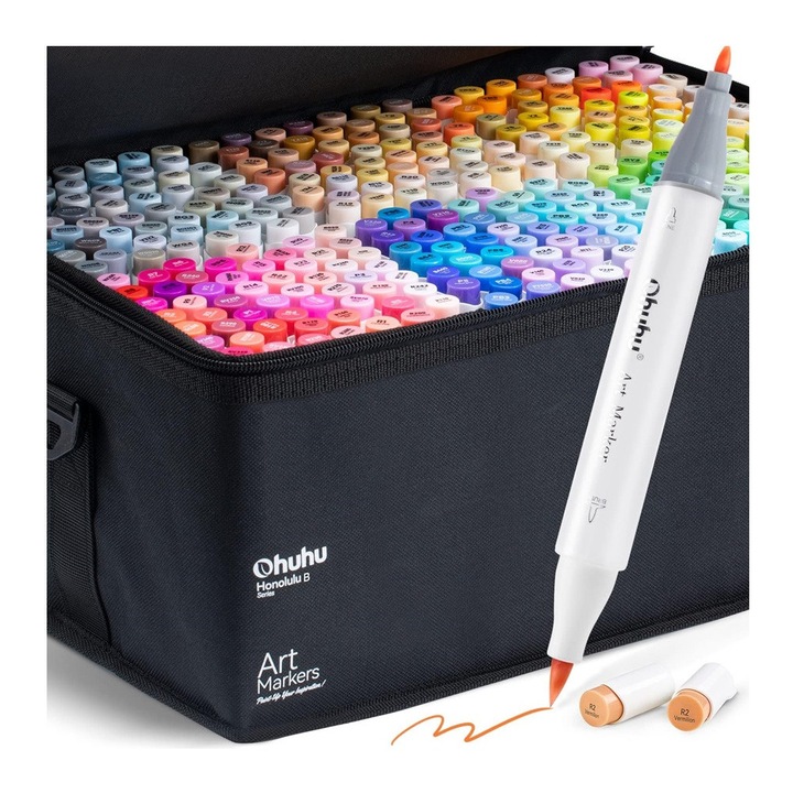 Set 320 Markere Ohuhu Honolulu, Baza Alcool, Varf Dublu Fine Brush, Geanta Depozitare