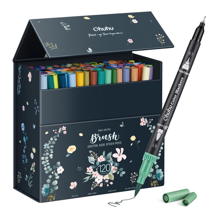 Set 120 Markere Ohuhu Maui Series, Baza Apa, Dual Tip, Brush Fineliner, Non Toxic, Acid Free, Multicolor