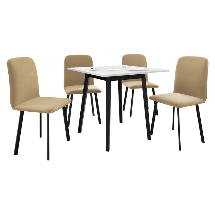 Set Masa Renkiz S 85x85 + 4 x Scaune Lekoz, MIRJAN24, alb + negru / bej