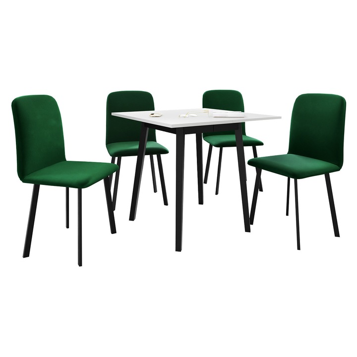 Set Masa Renkiz S 85x85 + 4 x Scaune Lekoz, MIRJAN24, alb + negru / verde