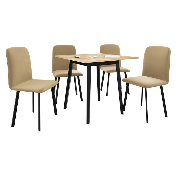 Set Masa Renkiz S 85x85 + 4 x Scaune Lekoz, MIRJAN24, craft + negru / bej