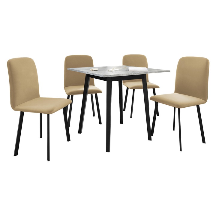 Set Masa Renkiz S 85x85 + 4 x Scaune Lekoz, MIRJAN24, gri marmura + negru / bej