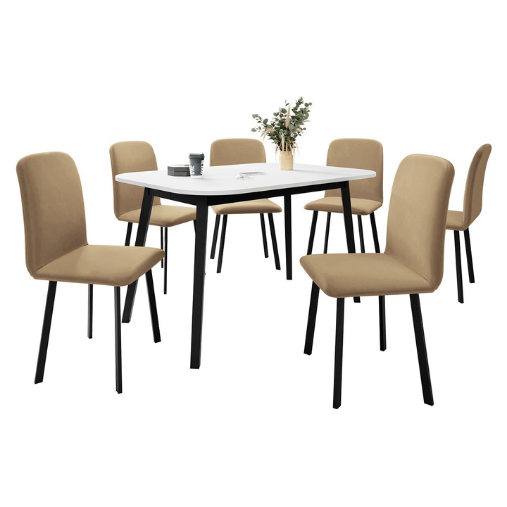 Set Masa extensibila Grazpen S + 6 x Scaune Lekoz, MIRJAN24, alb + negru / bej