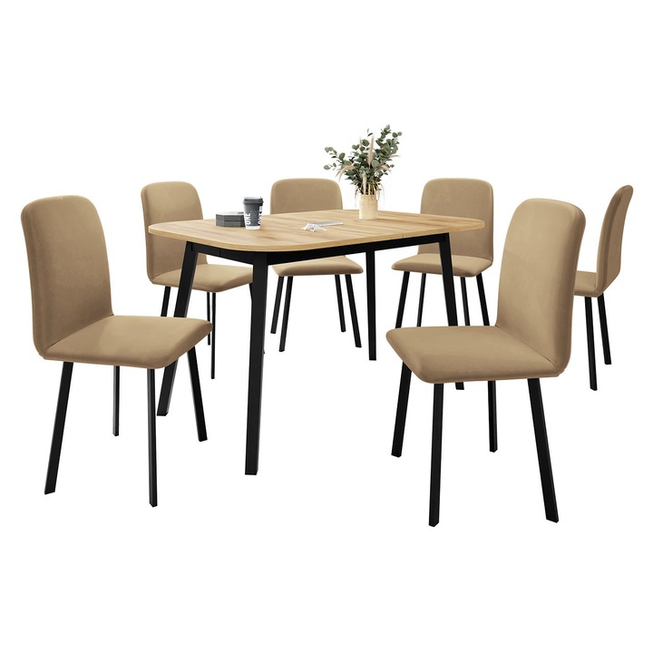 Set Masa extensibila Grazpen S + 6 x Scaune Lekoz, MIRJAN24, craft + negru / bej