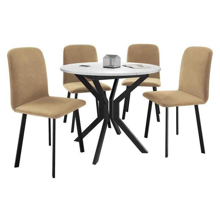Set Masa extensibila Kirtore M + 4 x Scaune Lekoz, MIRJAN24, alb + negru / bej