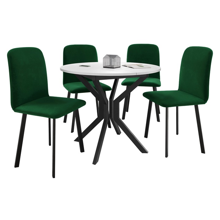 Set Masa extensibila Kirtore M + 4 x Scaune Lekoz, MIRJAN24, alb + negru / verde