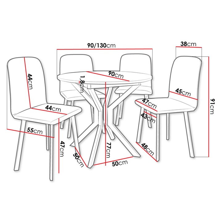Set Masa extensibila Kirtore M + 4 x Scaune Lekoz, MIRJAN24, gri marmura + negru / bej
