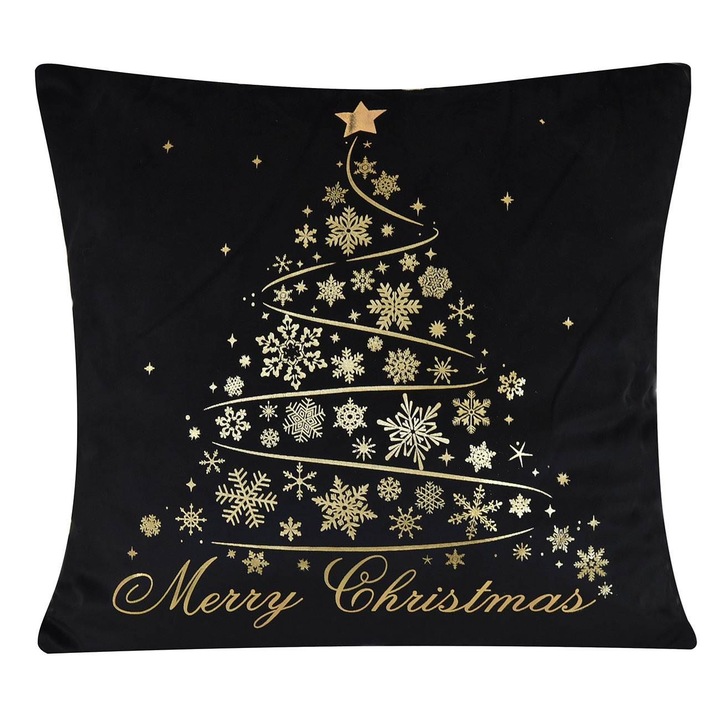 Shopiens® dekoratív karácsonyi párna, fekete bársony aranyfenyővel fóliapelyhekből, 43 x 43 cm