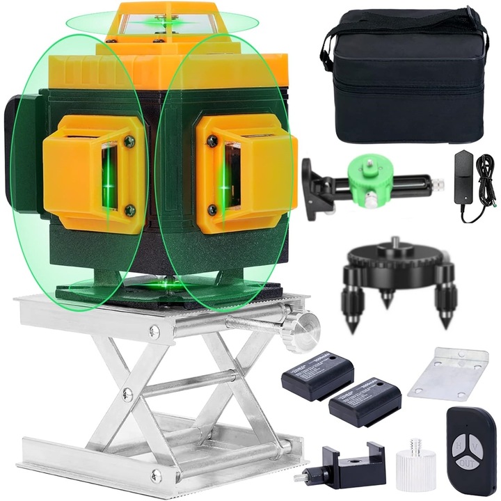 Nivela laser 4D cu 16 linii, MOSMAOO®, 360°, Platforma de ridicare, cu autonivelare, Telecomanda, Lumina verde, Negru/Portocaliu