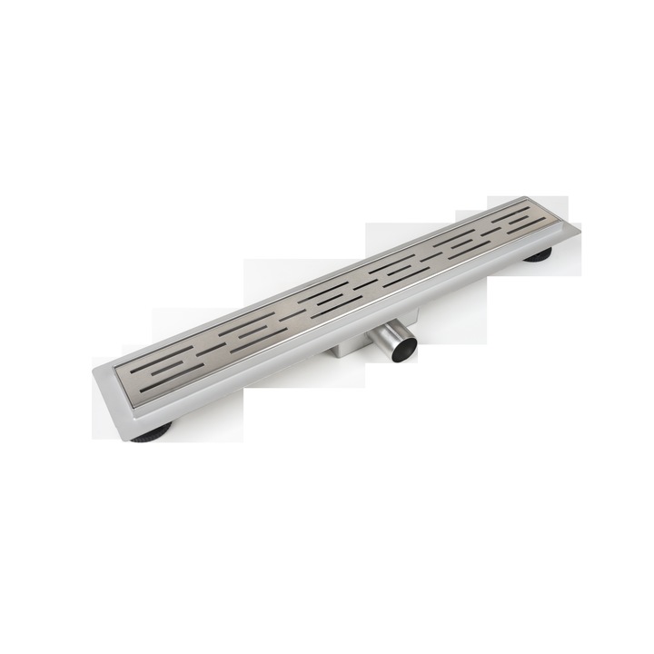 Rigola de dus, Balneo, Decor Next Stripes, 80 cm crom otel inoxidabil otel periat panou de scurgere decorativ, rezervor de decantare marit, set complet de instalare, instalare joasa 52 mm, eficienta ridicata a sifonului 55 l/min, picioare reglabile