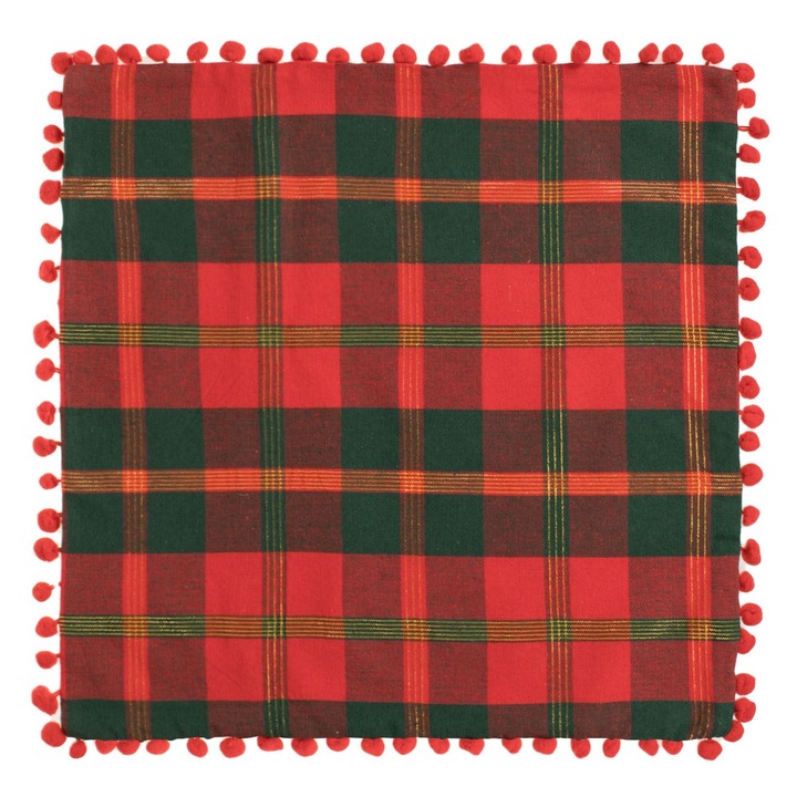 Díszpárnahuzat, Karácsonyi mintás, Cipzáras, Kétoldalas, Piros kockás, Arany lurex, Pomponok, 45x45cm, MYONNA IT & E- COMMERCE ®