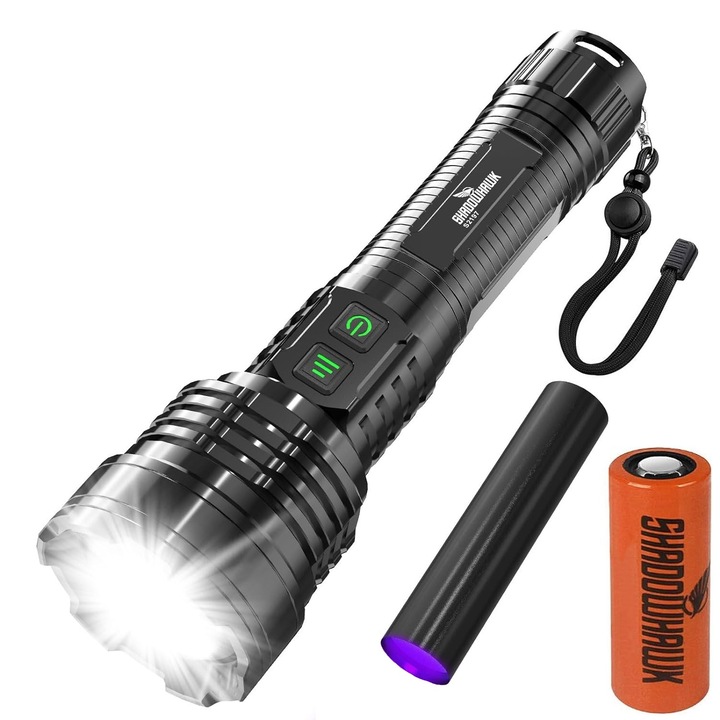 Set lanterna tactica LED si lanterna mini UV, din aluminiu, 20000 lumeni, profesionala, focus ajustabil, acumulator inclus, 5 moduri iluminare, rezistenta la apa IP67, indicator led, incarcare USB, sursa, XHM77.2