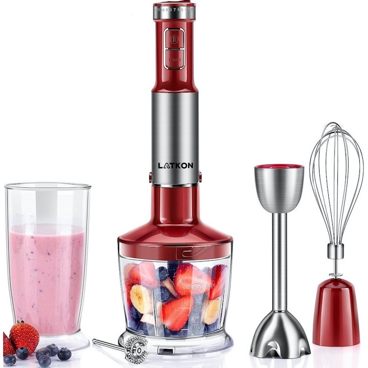 Latkon® 5 в 1 вертикален блендер, многофункционален, мощност 800 W, 12 скорости, 4 титаниеви остриета, турбо функция, чопър, пасатор, бъркалка, разпенител за мляко, чаша за блендер, червен