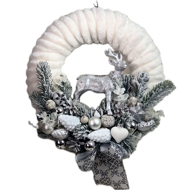 Coronita de iarna feerica cu cerb argintiu, alb, argintiu, 30 cm