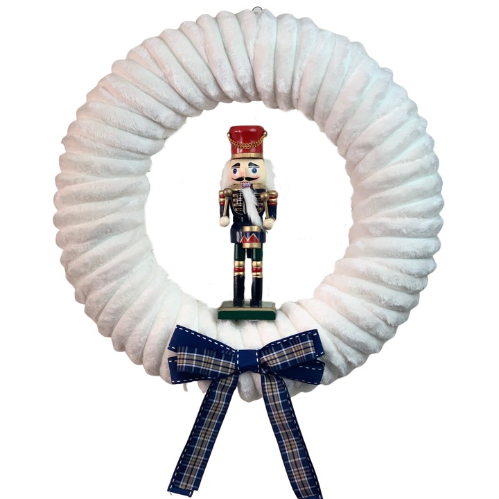 Coronita decorativa de iarna, cu soldatel din lemn, alb, albastru, 40 cm