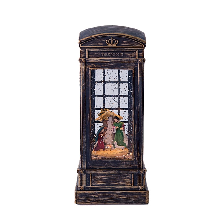 Decoratiune de Craciun, felinar in forma de cabina telefonica, luminos si muzical, cu scena nasterii lui Iisus, USB inclus, 21 x 9 x 9 cm, Velve, Bronz