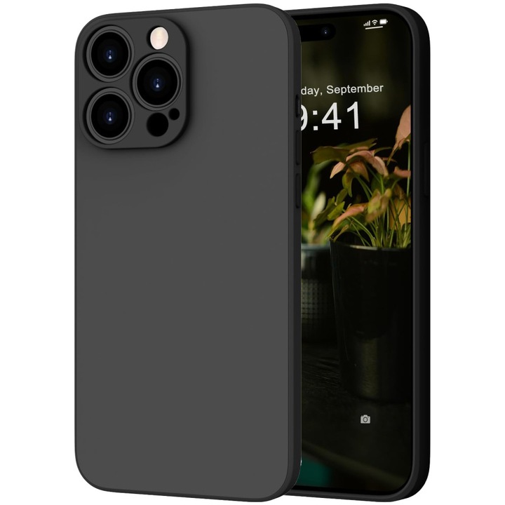 Калъф, Силикон, Съвместим с iPhone 15 Pro Max Със защита на камерата, Матов, Черен