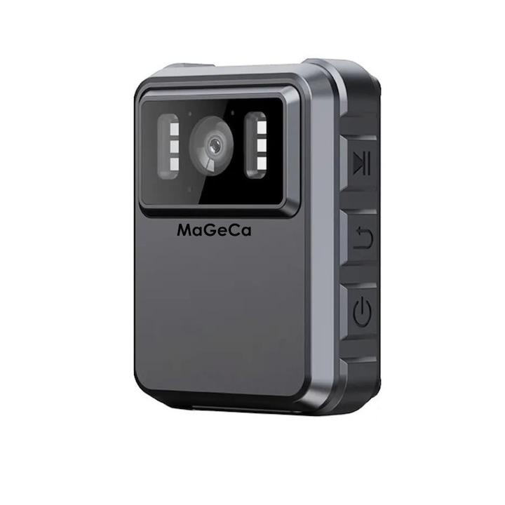 MaGeCa vezeték nélküli testkamera, 2K felbontás, 2 hüvelykes kijelző, éjjellátó IR, mozgásérzékelés, IP65 vízálló, újratölthető akkumulátor, Type-C töltés, 8 órás üzemidő, fekete színű