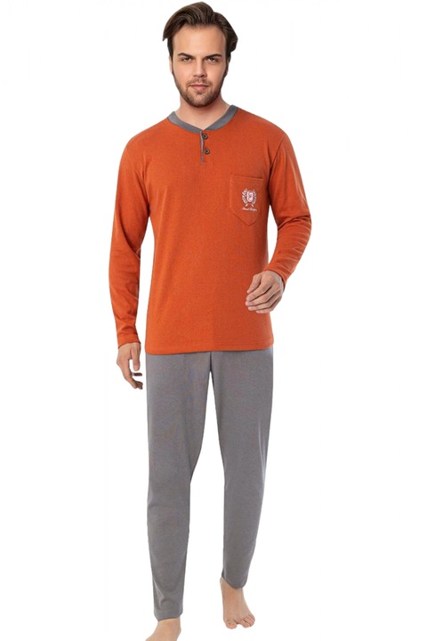 Férfi pamut interlock pizsama, hosszú nadrág ujjú, sima mintás 5717, Narancssárga