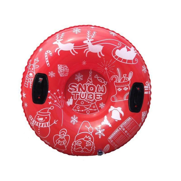 1db PVC felfújható sígyűrű szánkó, téli szabadtéri sídeszka, vastagított kerek felfújható snowboard, biztonsági fogantyú kialakítás, PVC anyag, szivárgásmentes rajzfilmnyomtató sípárna, Snowrider - Piros