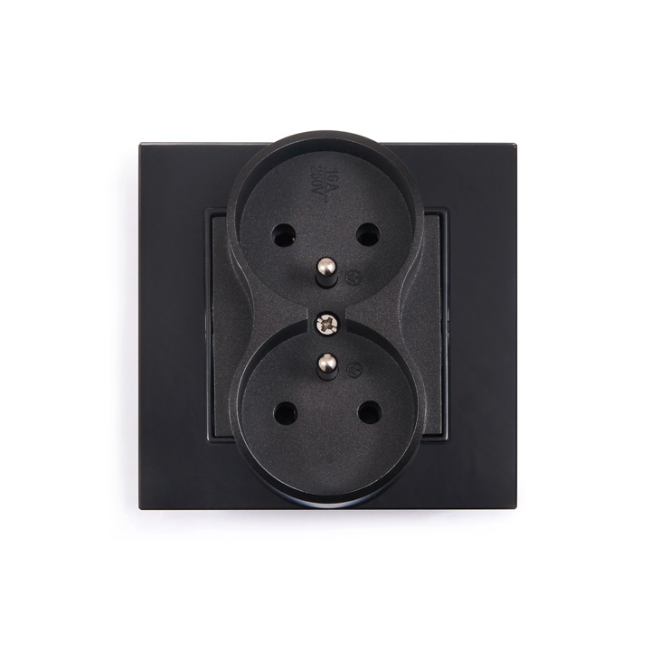 Set: 1x Bianka 230V 16A priza electrica dubla din sticla + rama de sticla, Negru