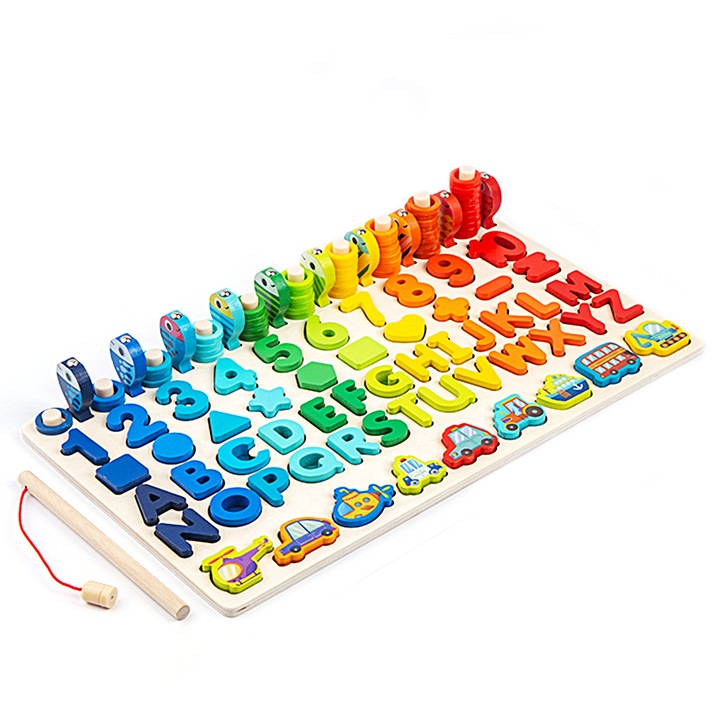 Дървена Монтесори образователна игра, сортировач на цветове, цифри, букви, животни, коли и игра за риболов с магнит FreeBiz®, + 3 години