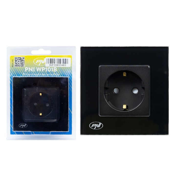 Обикновен контакт за вграждане PNI WP101B, Със стъклена рамка, 16A, 3700W, 230V, Черен