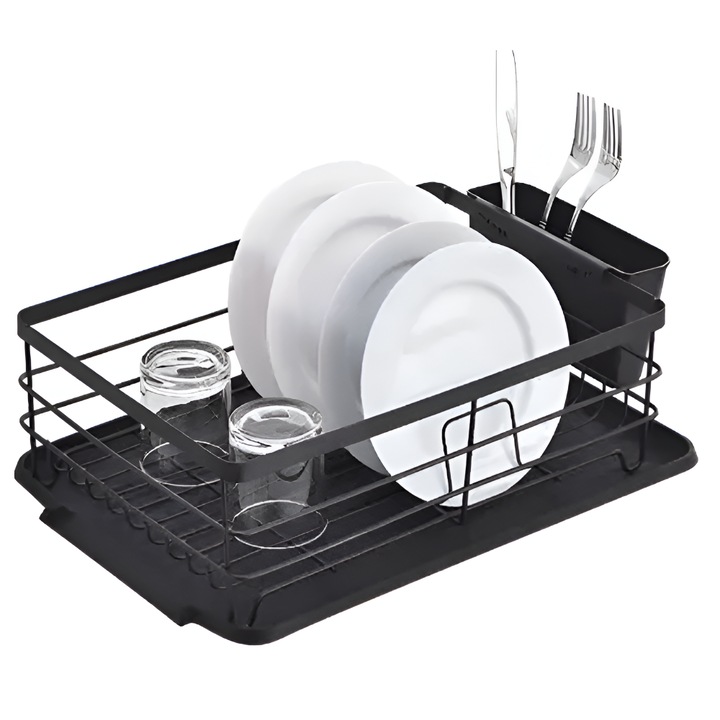 Поставка за сушене на съдове Velixo®, подвижна поставка за прибори, автоматична тава за отцеждане, за чинии, купи, чаши, чаши, капаци за тенджери, лъжици, вилици и ножове, хромиран метал, модерен, лесен за почистване, 44 x 31 x 14,5 см, матово черно
