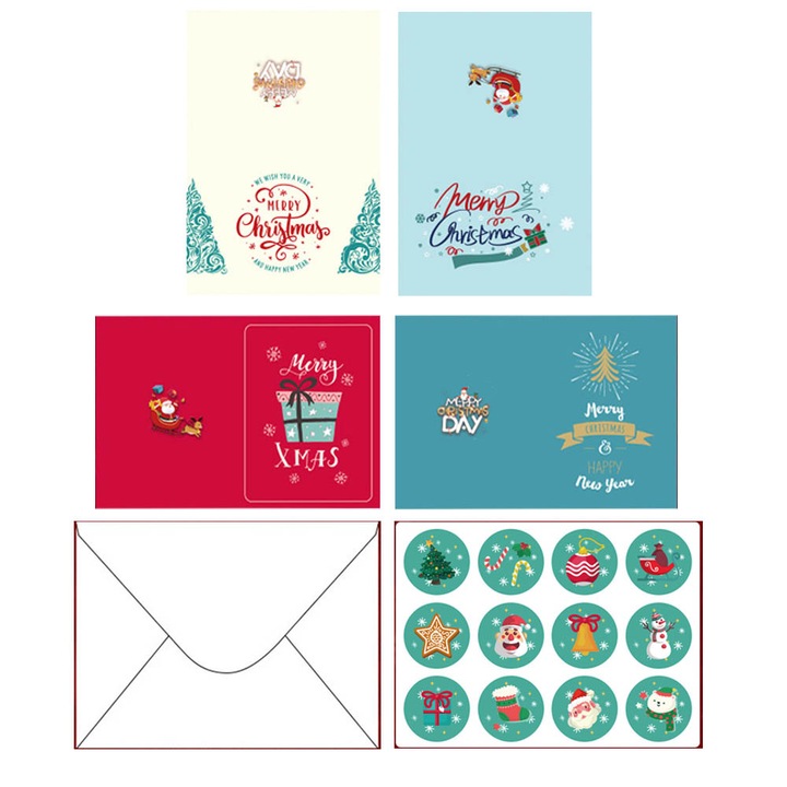 Комплект от 4 картички за Весела Коледа с пликове и стикери, Koungiam, сгъваеми, многоцветни, 12x9 см