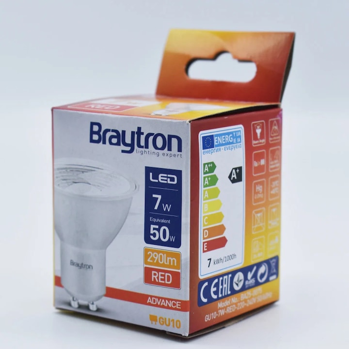 Bec led GU10 7W (50W), 290lm, 38 fokozatú, lumina rosie, félig átlátszó, Braytron