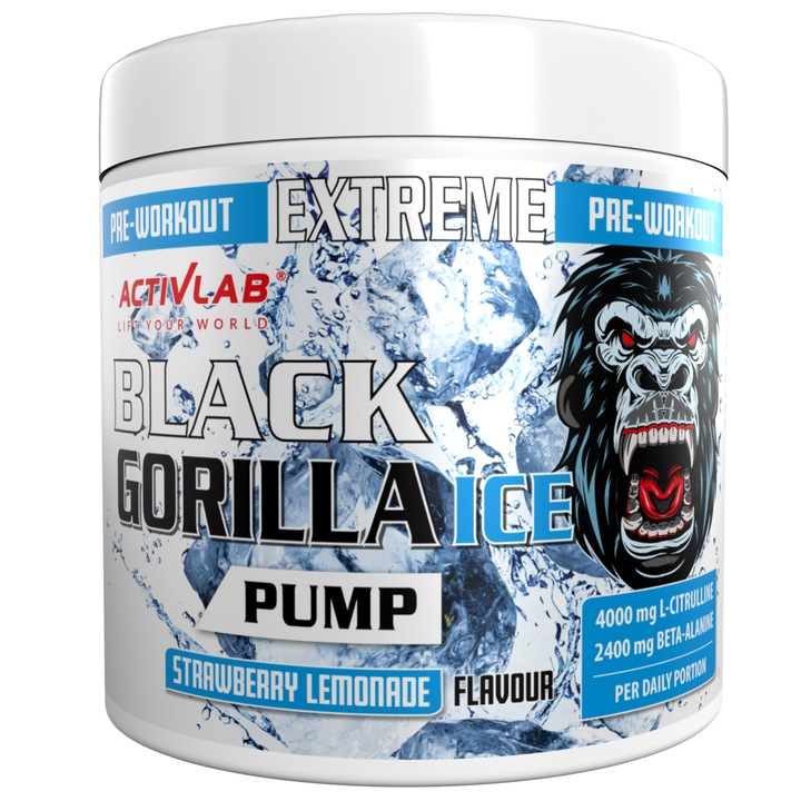 Supliment pre-antrenament, Activlab, Black Gorilla Ice Pump, AAKG, Citrulina 300g Pudra, Aroma: Capsuni limonada