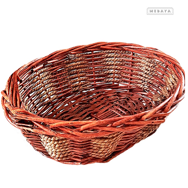 Cos oval din rachita si bambus Medaya®, impletit manual, dim. 35x30cm, pentru cadouri de Craciun, Paste, corporate, aranjamente florale, cumparaturi, depozitare, decoratiuni, maro-cires