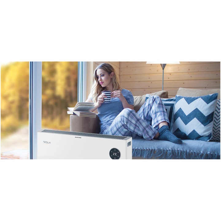 Convector electric Tesla PC312WD, 2000 W, Termostat reglabil cu autoresetare, Protectie supraincalzire, Senzor pentru consum optimizat, Anti-rasturnare, Fin shape Aluminum, Alb