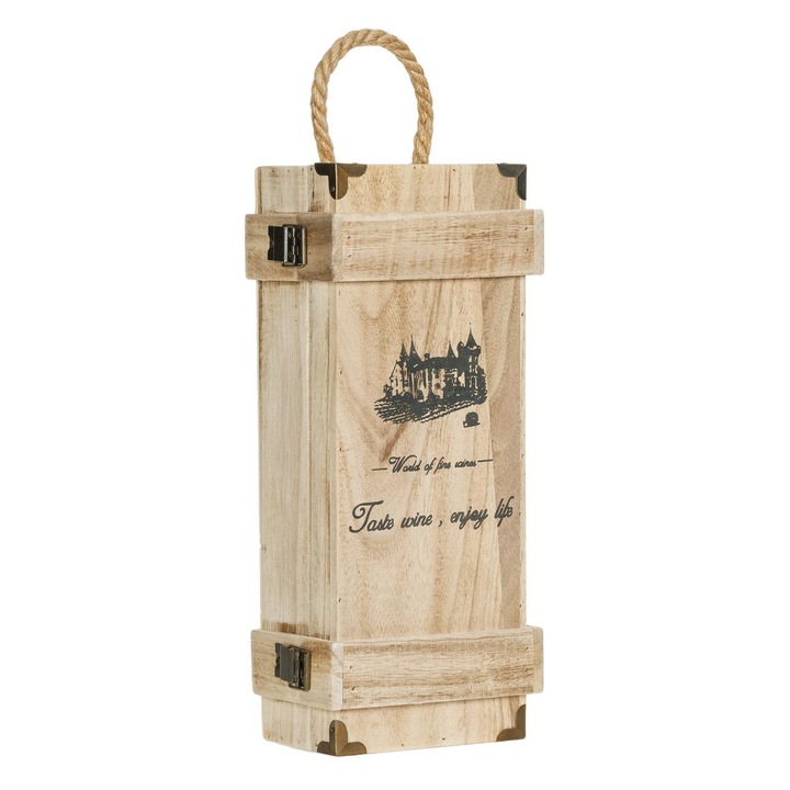 Fából készült láda kötélfogantyúval, Shopiens, borosüvegekhez, 15 x 10 x 35 cm