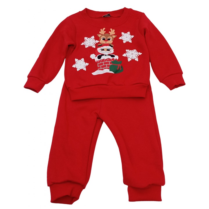 Compleu 2 piese Craciun, Santa and Reindeer, plusat, bumbac 1763, Rosu