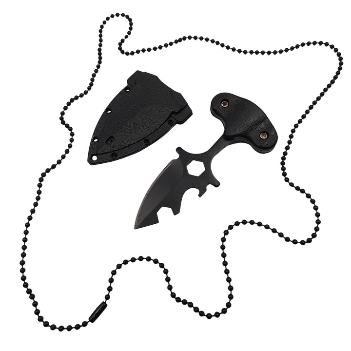 Depox® taktikai vadászkés, Broken Trust, 8 cm, fekete, hüvely lánccal