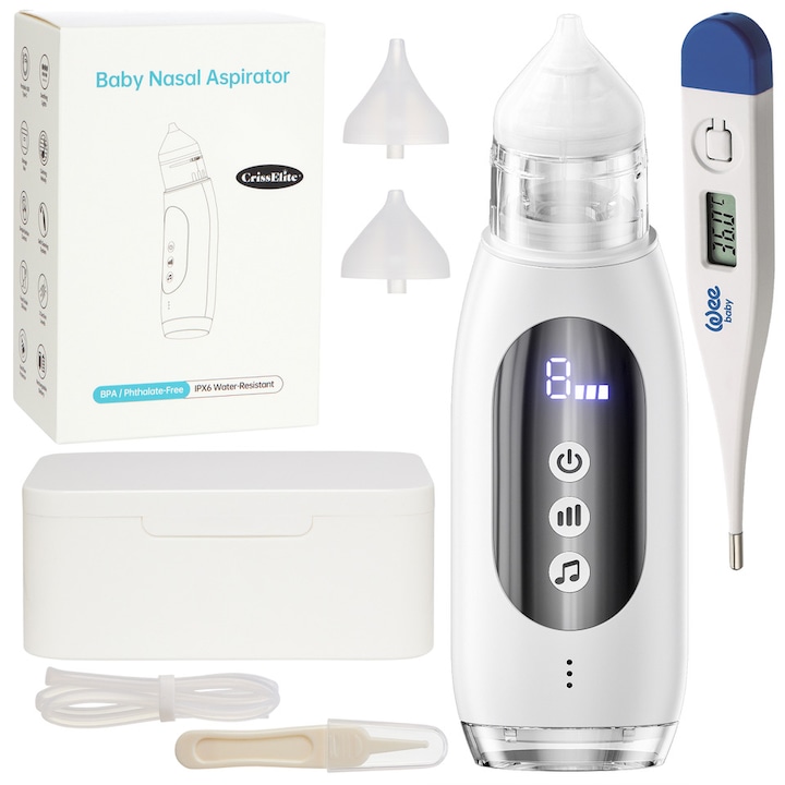 Aspirator nazal electric CrissElite pentru copii si bebelusi, cutie depozitare, 3 trepte de aspiratie, 3 melodii, lumina ambientala, portabil, autocuratare, termometru digital