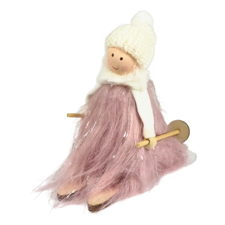 Decoratiune Iarna, Fetita Blanita Roz pe schiuri, 12x12cm