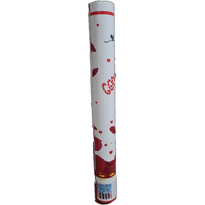 Tun confeti NOVOKIDS™ Party Tube, Lungime 40 cm, Cu aer comprimat, Model Trandafiri, Rosu cu Alb