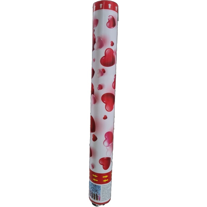 Tun confeti NOVOKIDS™ Party Tube, Lungime 40 cm, Cu aer comprimat, Model inimioare, Rosu cu Alb