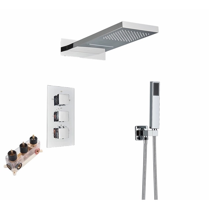 Set de dus tip cascada, baterie cu TERMOSTAT incastratat, cu dus de mana si para dus 55x22 cm, 3 funtii curgere, din Alama Solida, crom, Rain Drop de la Robinetul Meu