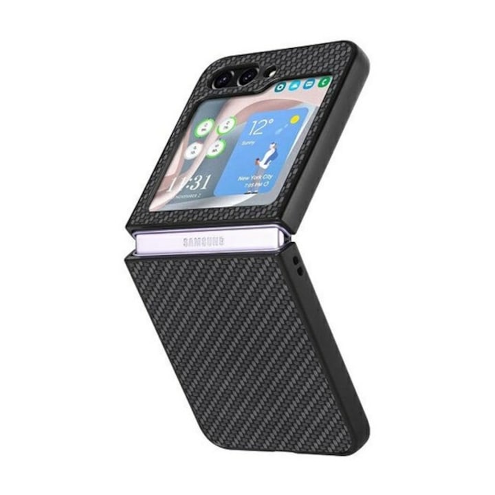 Samsung Galaxy Z Flip5 5G (SM-F731) Gigapack műanyag telefonvédő (ütésállóság, bőr hatású hátlap, karbon minta) fekete, gigapack csomagolás