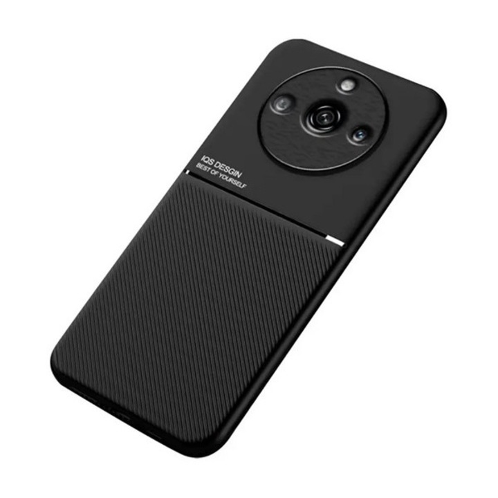 Realme 11 Pro Plus / 11 Pro Gigapack műanyag telefonvédő (szilikon keret, ütésállóság, mágneses, bőr hatású hátlap, csíkos) fekete, gigapack csomagolás