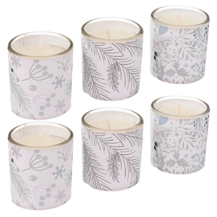 6 db illatos gyertya készlet karácsonyi nyomattal, 4,5 cm, fehér