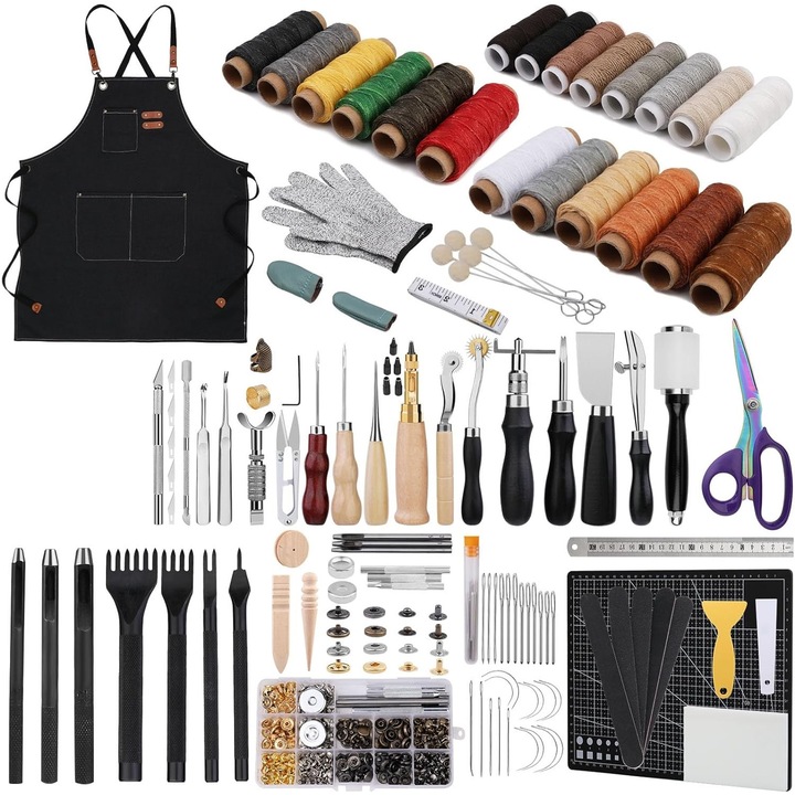 Set profesional de prelucrare a pielii, 308 de piese, cu scule modelaj, perforatori, ata pentru pielarie, ace de cusut, stampile, capse, placa de taiere, instrumente de bricolaj si marochinarie