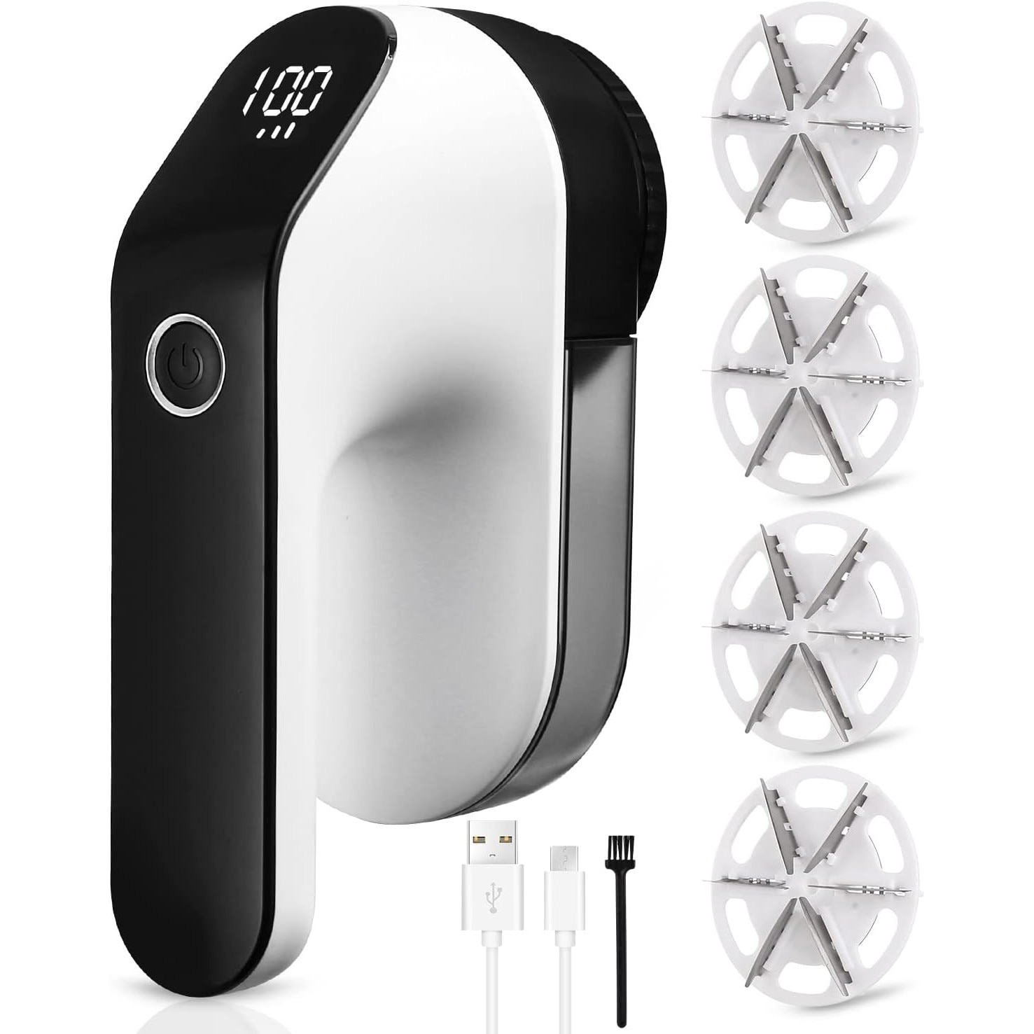 Aparat de curatat scame reincarcabil USB cu acumulator de 2000 mAh, afisaj LED, 3 viteze, 4 lame de schimb cu 6 pale, viteza maxima 9000 rpm, alb
