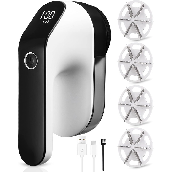 Aparat de curatat scame reincarcabil USB cu acumulator de 2000 mAh, afisaj LED, 3 viteze, 4 lame de schimb cu 6 pale, viteza maxima 9000 rpm, alb