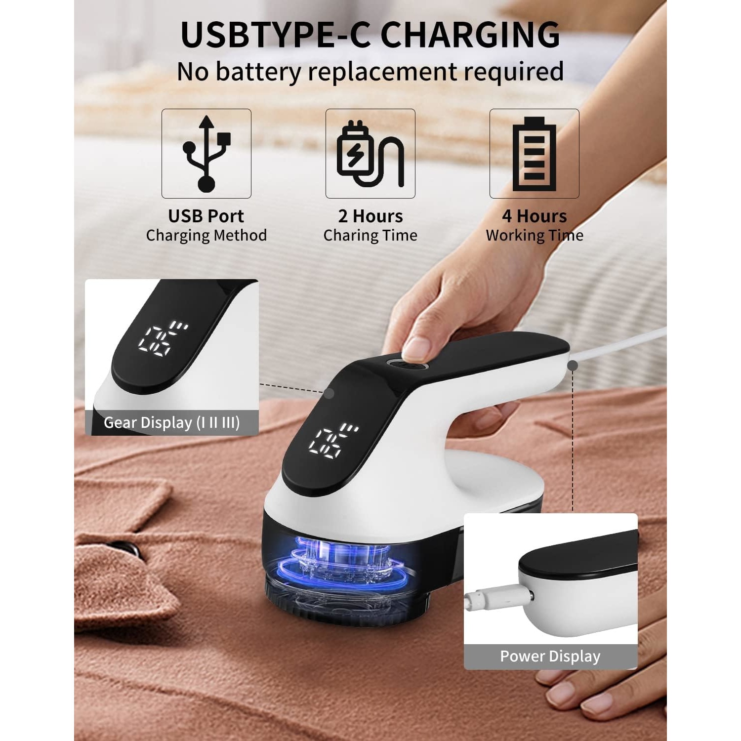 Aparat de curatat scame reincarcabil USB cu acumulator de 2000 mAh, afisaj LED, 3 viteze, 4 lame de schimb cu 6 pale, viteza maxima 9000 rpm, alb