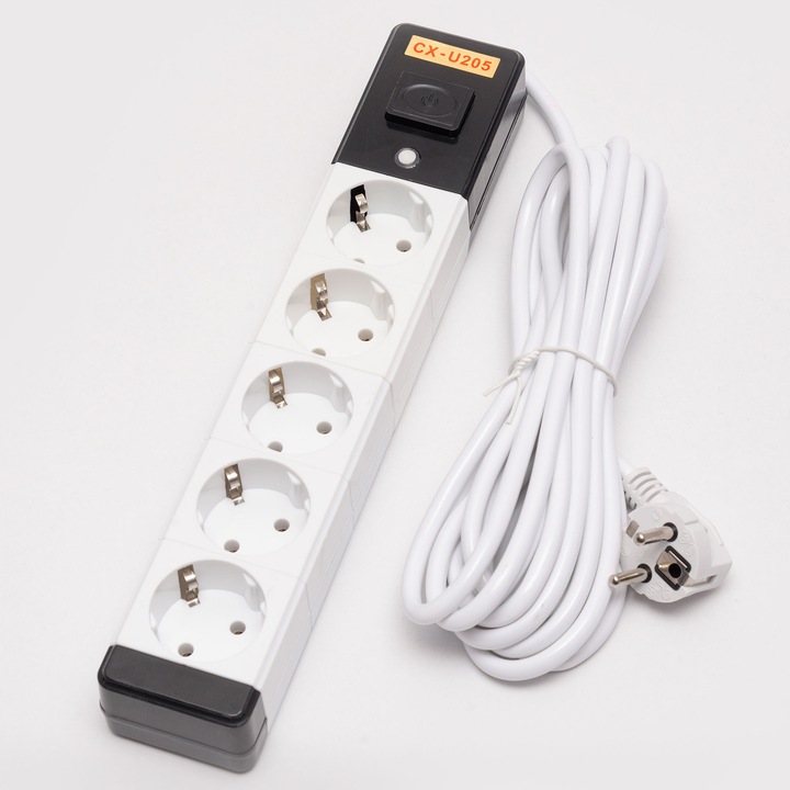 Удължител с 5 гнезда, с ключ, заземяване, кабел 5м, 3Х1.5мм, Бял