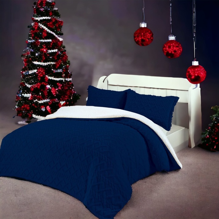 Set Pilota Cocolino Tricotata cu Blanita, Matlasata, tip Sherpa si 2 Fete de Perna, Moale, Pufoasa, Calduroasa, Ideala pentru anotimpul rece, Bleumarin, 200x230cm